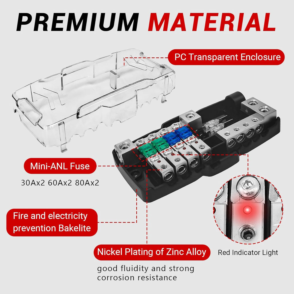 Fused Power Distribution Block Car Audio 4 Way MIDI(Mini-ANL) 12V Fuse Block with Red LED Indicator, 0/4 Gauge Input 4/8 Gauge Output for Auto Marine UTV