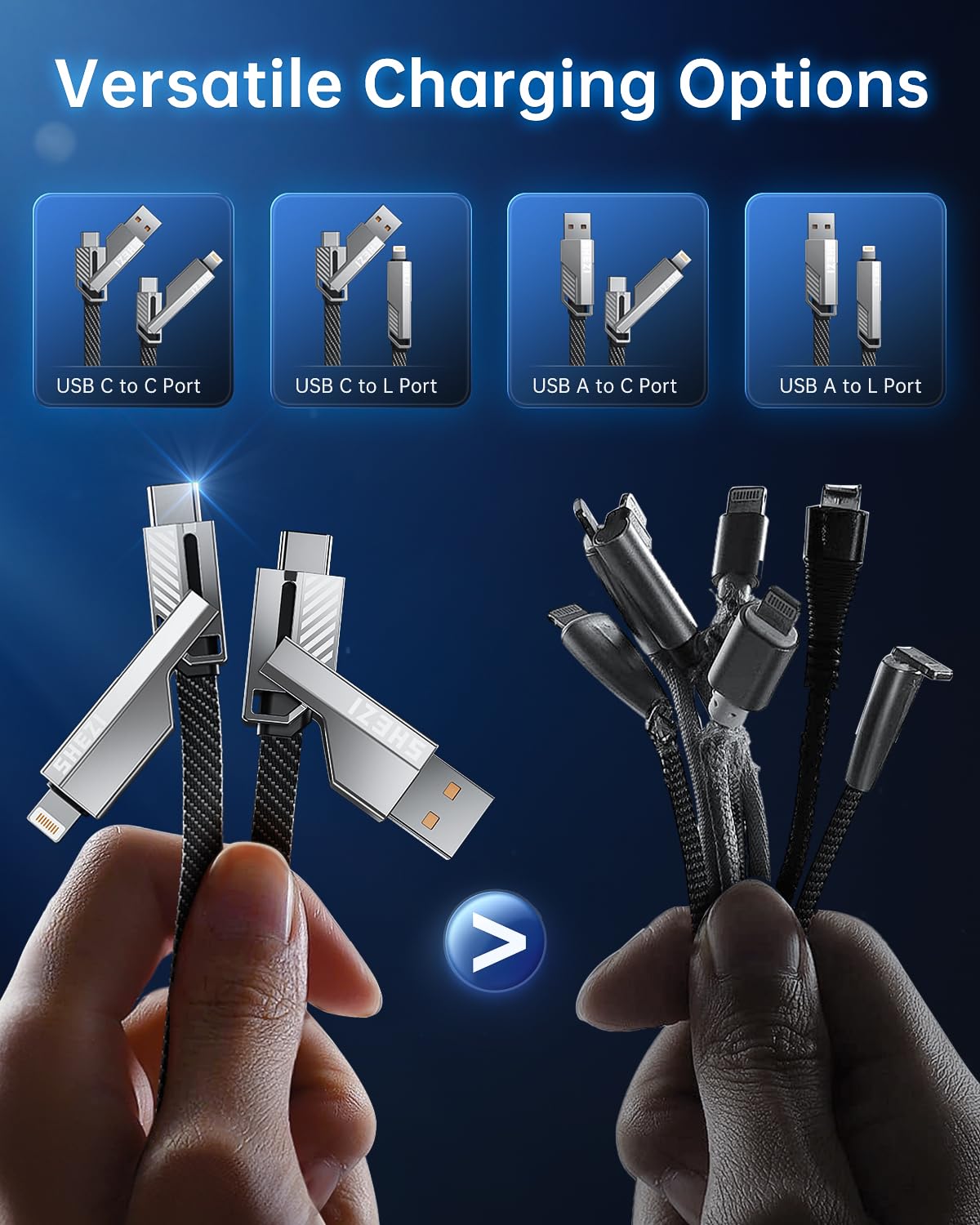 [One is Enough] 4-in-1 Compatible with USB C to Lightning Cable, 65W High-Speed Charging & Fast Data Transfer,CarPlay & Android Auto Support Multi Charger Cord Combo for iPhone/Samsung/iPad,5FT