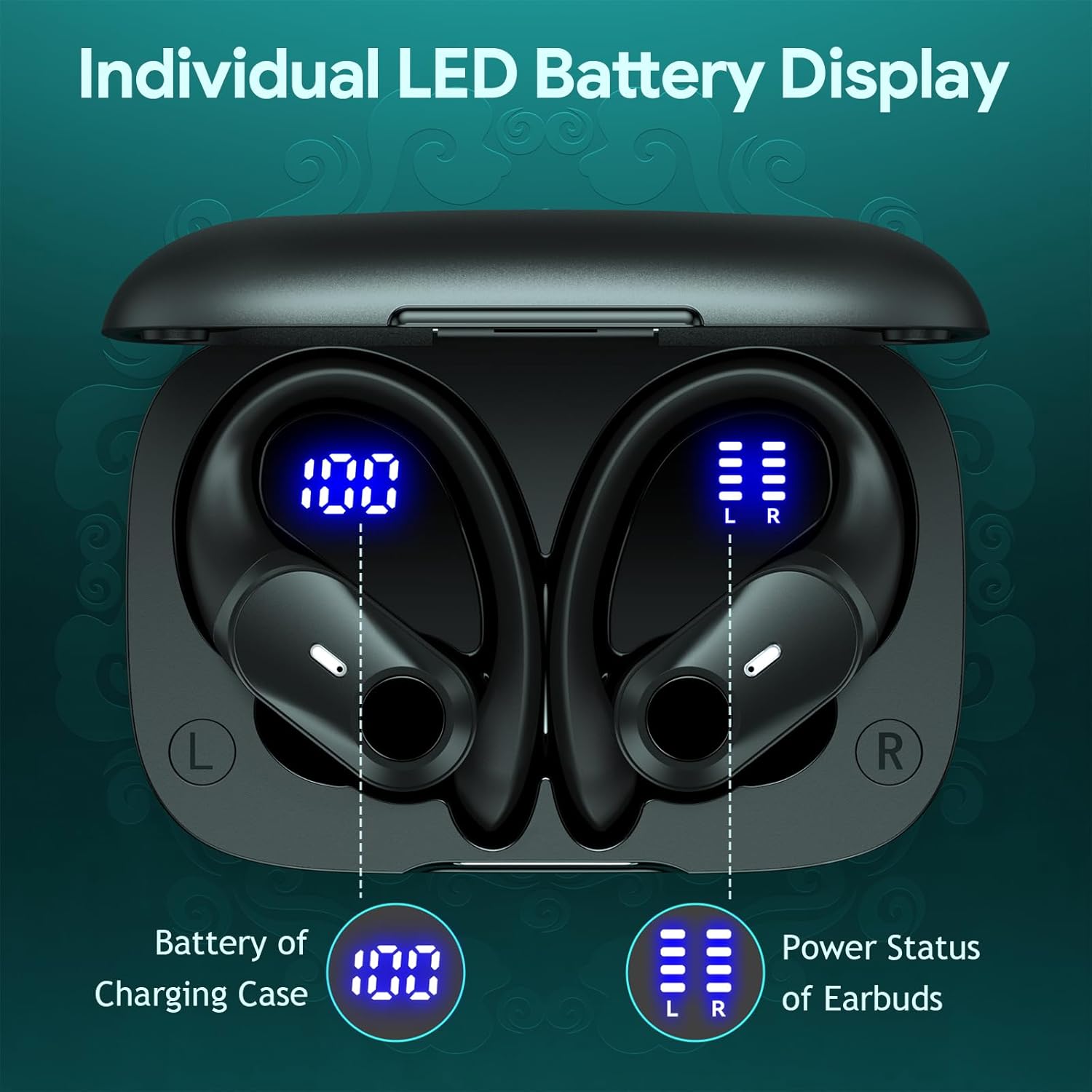 GOLREX Active Noise Cancelling Ear Buds Wireless Earbuds Bluetooth Headphones with 80H Playtime LED Display Wireless Charging Case, Over-Ear Hooks Earbud for Sports Running Gym Workout Black