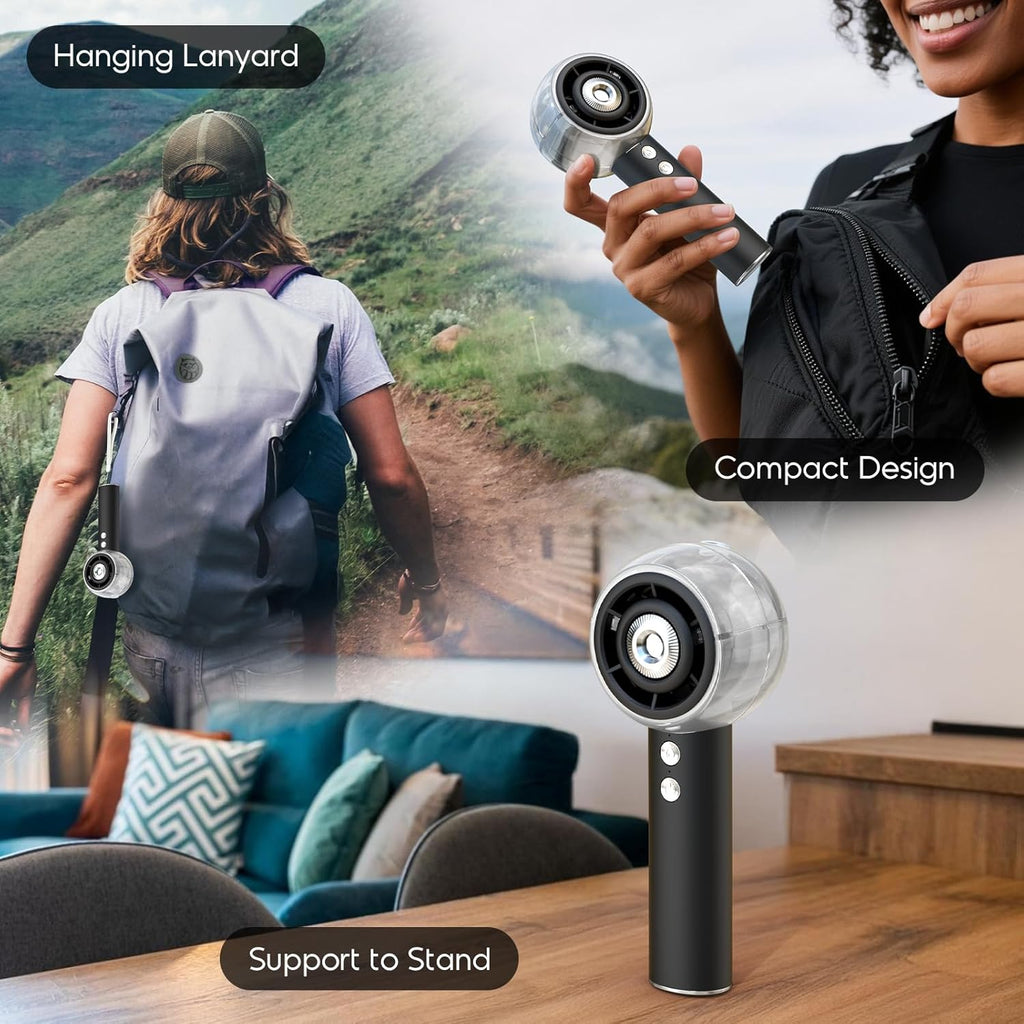 Misting Portable Handheld Fan, Powerful Turbo Motor, 6000mAh Rechargeable Battery, Personal Mini Fans with 4 Strong Wind, Cooling Gadgets for Travel, Camping, Beach, Outdoor, Gifts for Women Men-Black