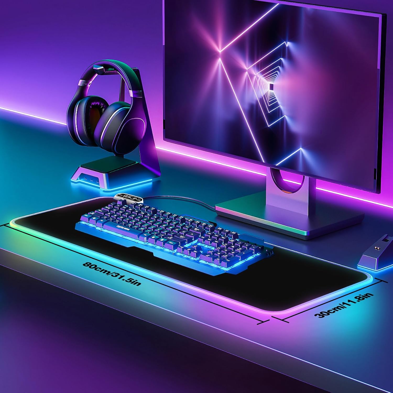 Galdas Gaming Mouse Pad XXL XL Large Long Extended Big Mousepad Non-Slip Rubber Keyboard Mouse Pad with Stitched Edges for Laptop Home Office (31.5x11.8x0.08 Inch) … (RGB Black)