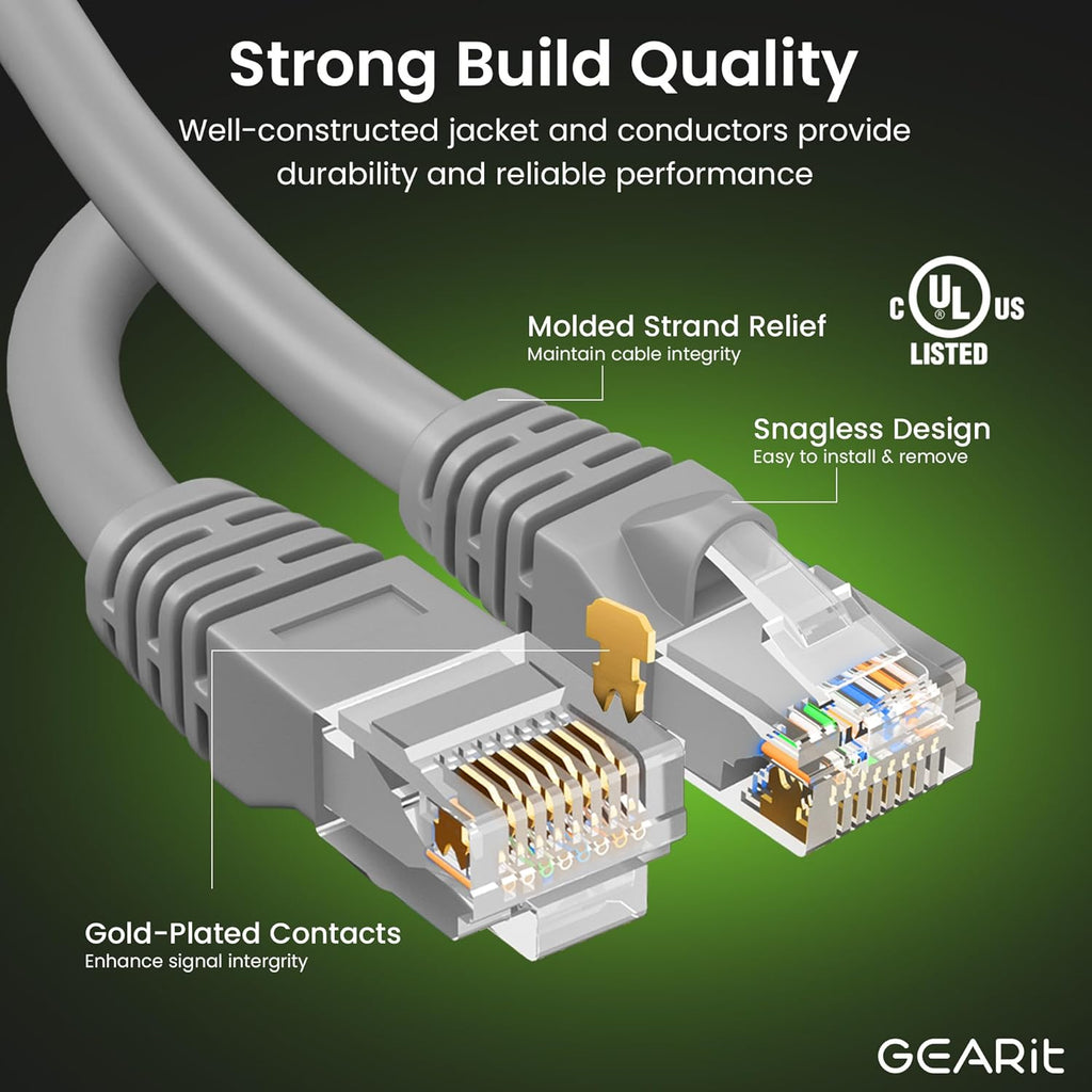 GEARit Cat 6 Ethernet Cable (5-Pack 5 Feet) Cat6 Network Patch, 10Gbps, RJ45, Snagless Cord, Gold-Plated Connectors, Internet for PC, TV, Tablet, Router, Printer, Servers, IT Data Center - Gray