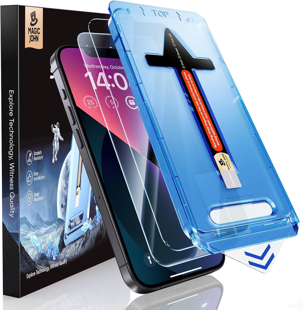 MAGIC JOHN 2 Pack for iPhone 13/14& iPhone 13 Pro 6.1 inch Tempered Glass Screen Protector, Auto Dust-Elimination, Bubble Free, HD Clear, Easy Installation