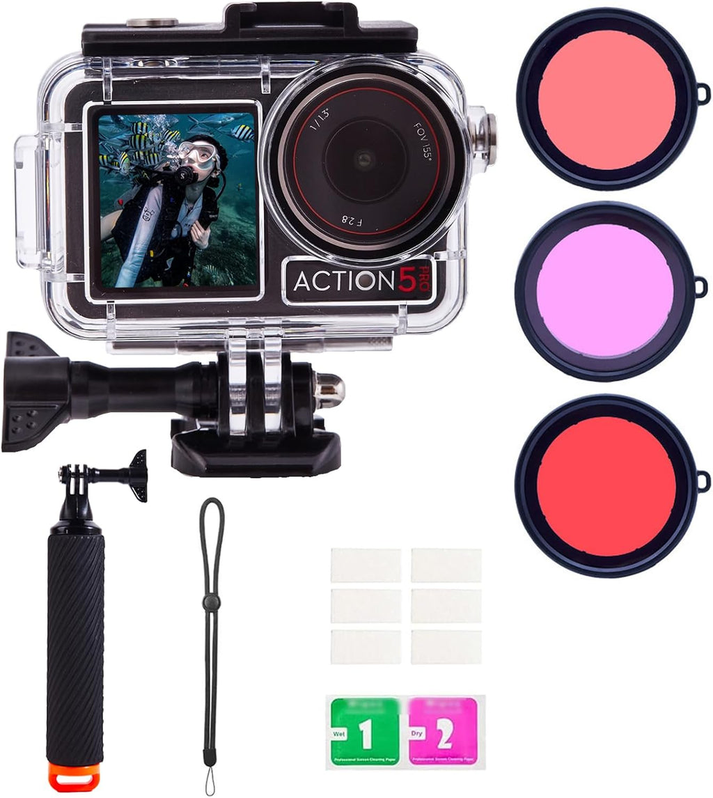 Waterproof Case for DJI Osmo Action 5 Pro/4/3 with 3 Pack Dive Filters, 196FT/60M Underwater Protective Housing Dive Kit, Professional Action Camera Dive Accessory