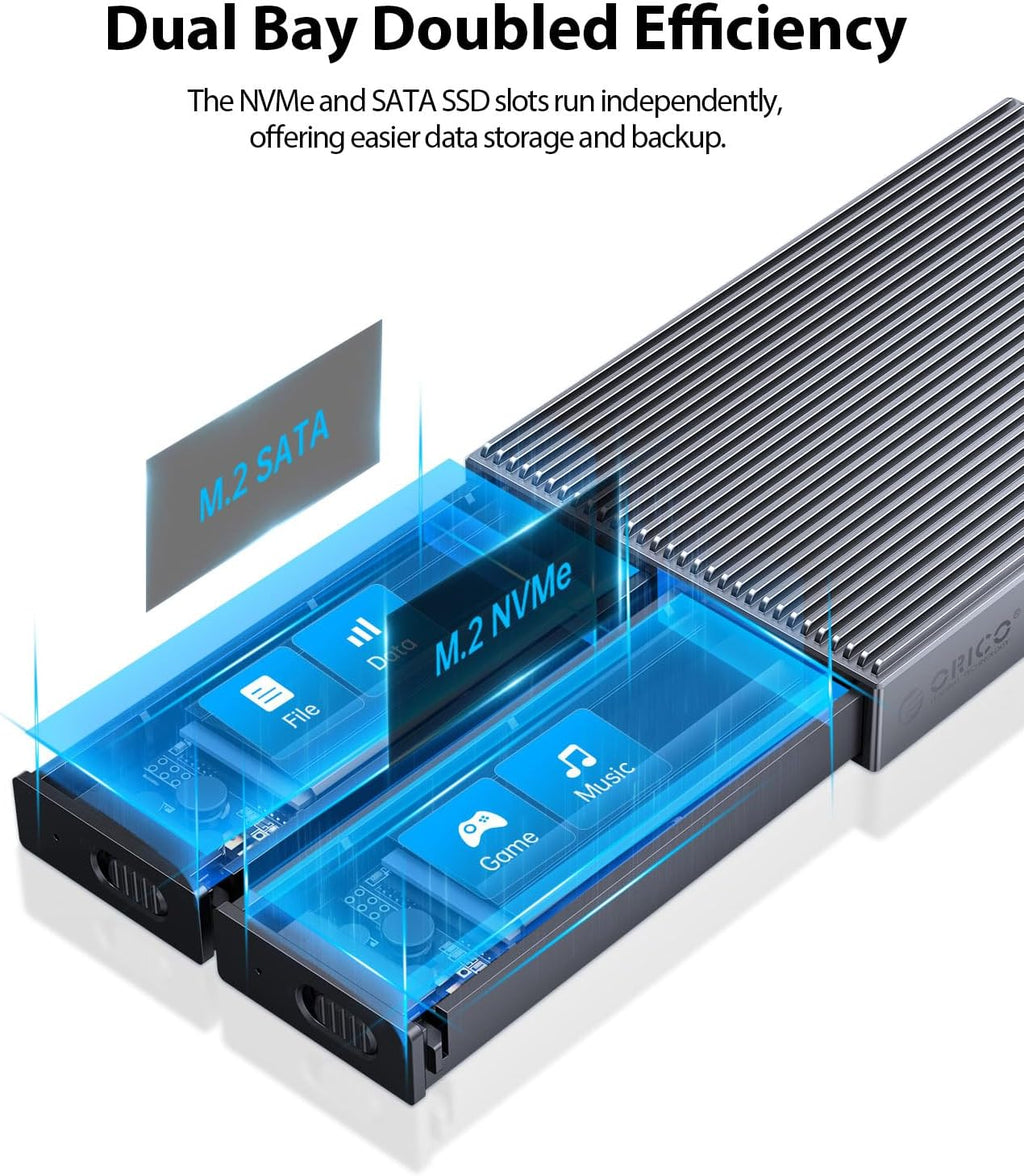 ORICO Dual M.2 NVMe SATA SSD Enclosure, USB C to M2 Adapter for M Key PCIe & B+M Key 2230/2242/2260/2280 SSDs,Tool-Free Installation Aluminum SSDs Reader Support Trim and UASP up to 2x4TB-BM2-2SN