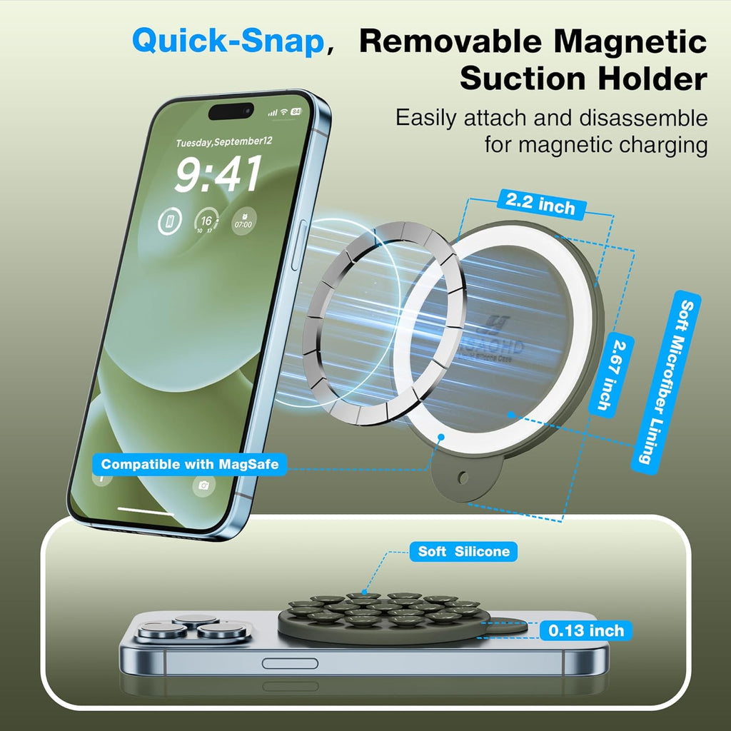 Magnetic Suction Cup Phone Mount for MagSafe Case, Silicone Hands-Free Phone Grip Holder for iPhone and Android, Mirror Shower Phone Stand for Makeup FaceTime Gym Kitchen Bathroom, Olive Green