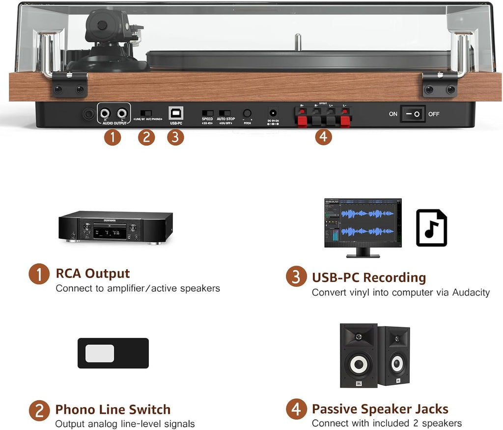 Record Player Turntable with 40W Speakers and Bluetooth Output Input for Vinyl Records,Vinyl Record Player with Built-in Preamp,AT-3600L Cartridge,USB Record,Pitch and Counterweight
