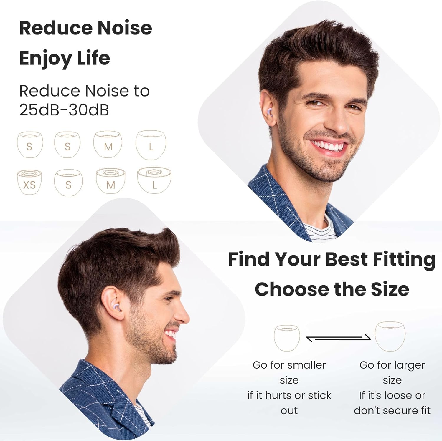 Ear Plugs for Sleeping, 2 Pairs of Reusable Earplugs for Noise Reduction 25dB-30dB with 8 Ear Tips, Soft Hearing Protection Ear Plugs for Concert,Noise Sensitivity, Study & Work