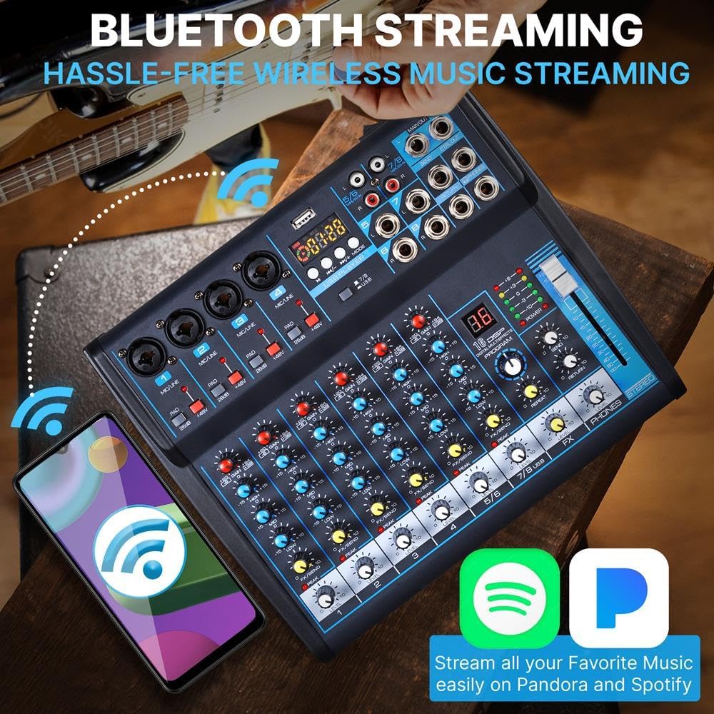 Pyle Professional Audio Mixer Sound Board Console Desk System- Interface 8 Channel Digital USB Bluetooth MP3 Computer Input 48V Phantom Power Stereo DJ Studio FX 16Bit DSP Processor, Black - PMXU83BT