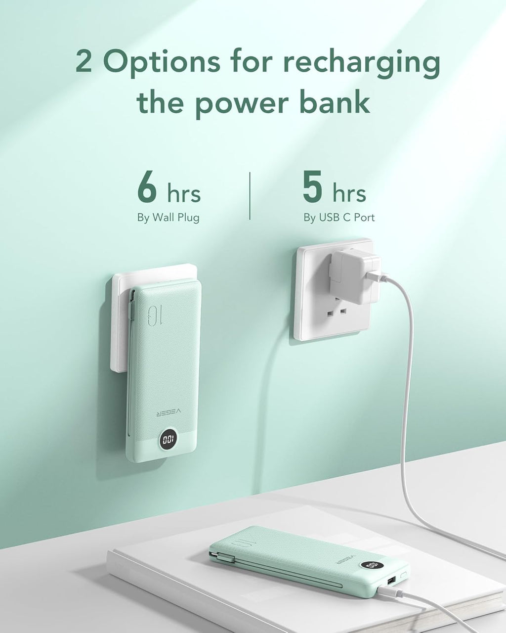 VEGER Portable Charger for iPhone with Built in Cables and Wall Plug, 10000mah Slim Fast Charging USB C Power Bank, Travel Essential Battery Pack Compatible with iPhone, iPad, Samsung etc(Green)
