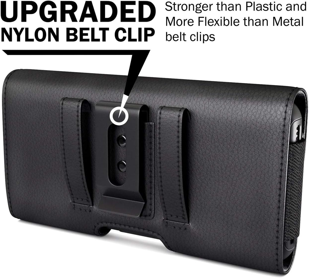 PiTau Holster for iPhone Pro Max & Plus 16, 15, 14, 13, 12, 11, 8, 7, 6, 6s, Xs Max, Cell Phone Case with Belt Clip ID Card Holder for Samsung Galaxy S25+ Note 10+, Fits with Otterbox, Black Large