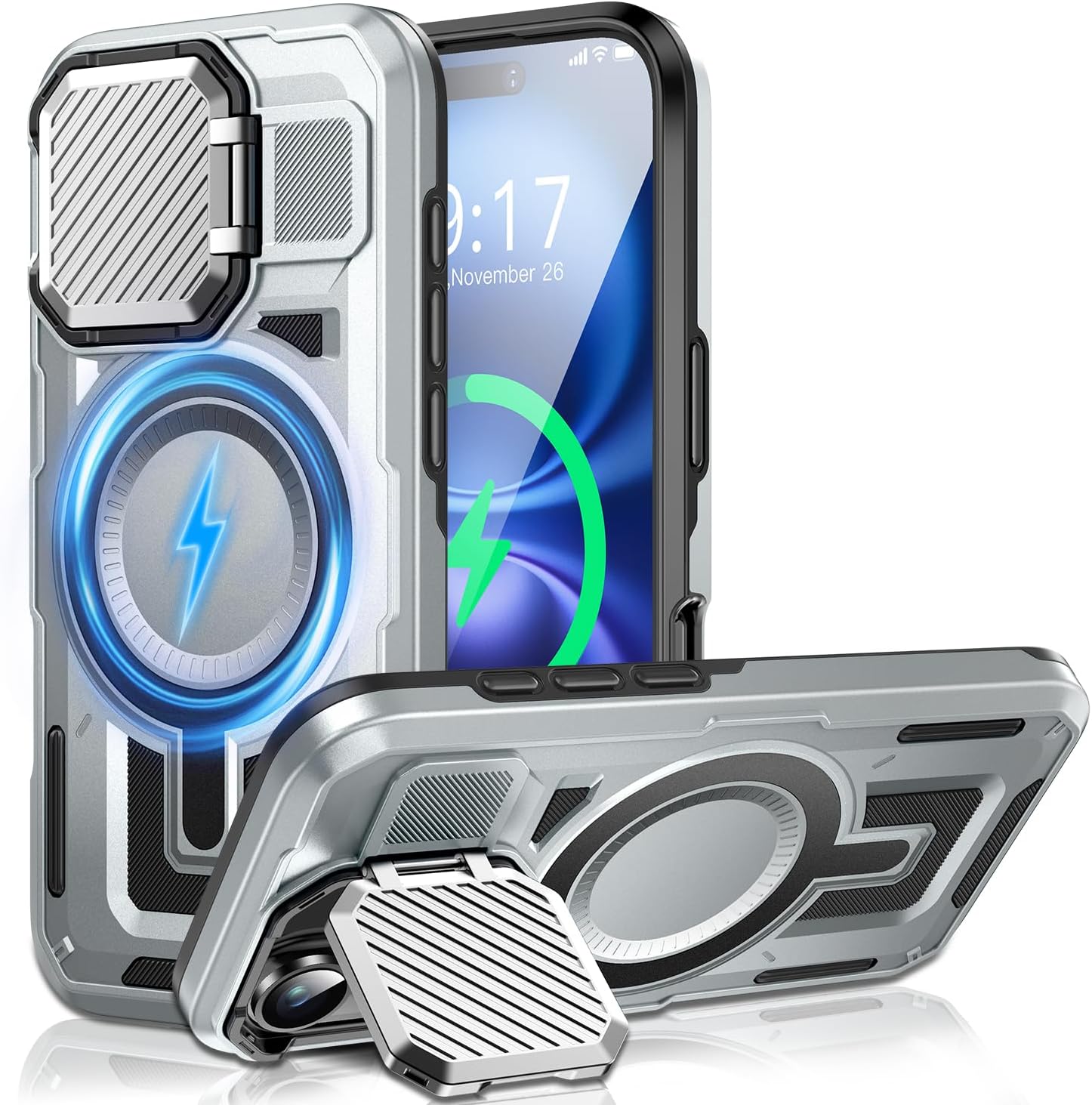 Camera Stand Case for iPhone 16, [Compatible with MagSafe] [Lens Cover] 2024 Version Military Grade Protective Soft Case for iPhone 16 6.1 inch Men Women, Grey