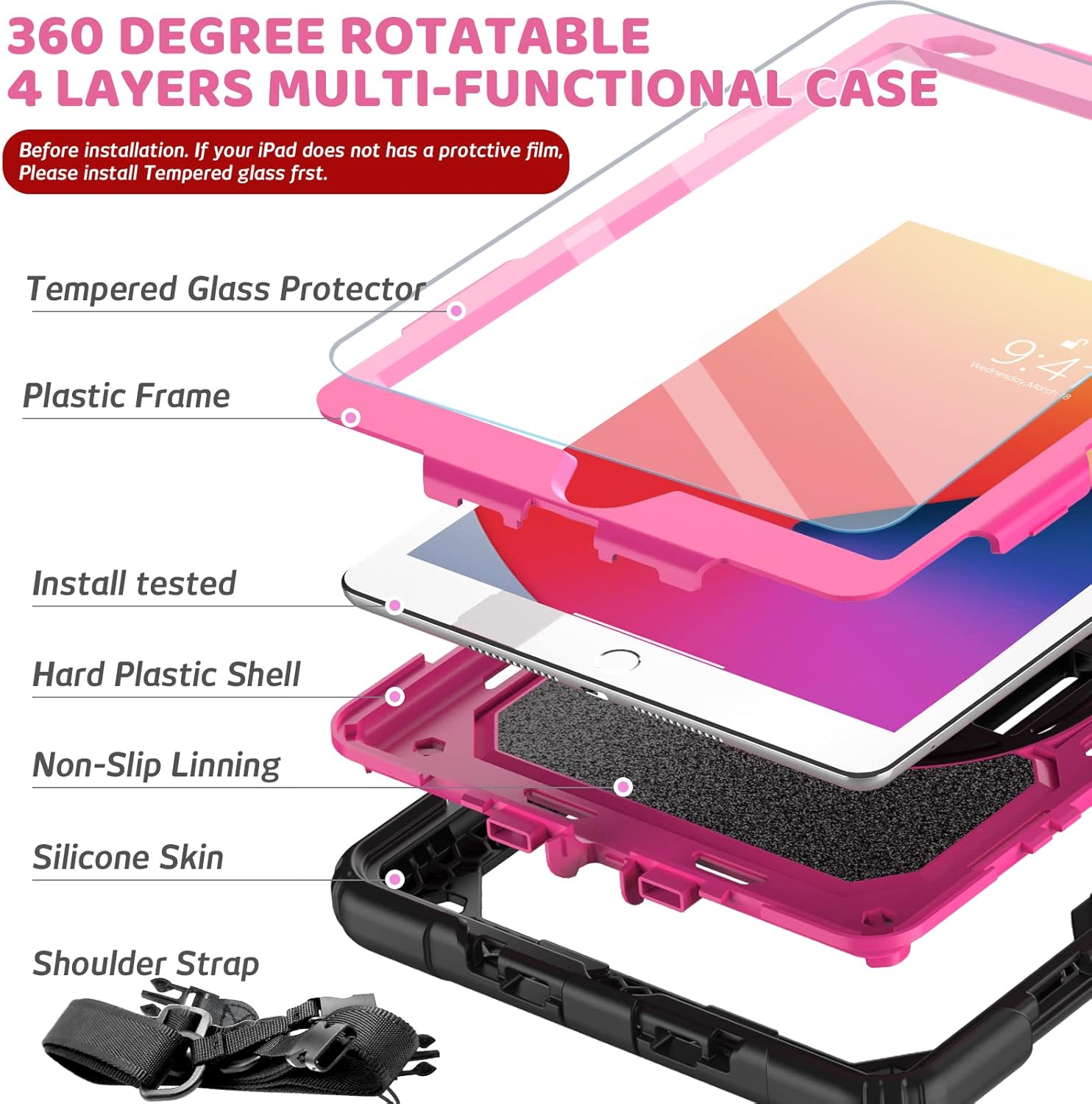 BLOSOMEET Case for iPad 9th Generation 2021 10.2 Inch with Tempered Glass Screen Protector & Pencil Holder,Protective Kids iPad 7th/8th Gen Cover 2020 2019 w/Stand Hand Shoulder Strap,Rosered