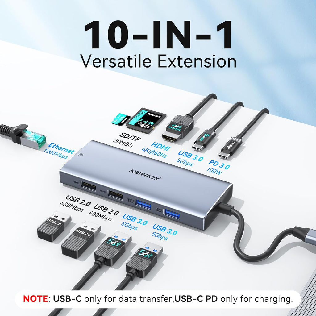 USB C Hub Adapter for MacBook Pro Air,10 in 1 USB C to USB HDMI Ethernet Hub Mac Dongle Accessories Converter for laptops (4K@60Hz HDMI+Ethernet+4USB+1USB-C Data Port+SD/TF Card Reader+100W PD)