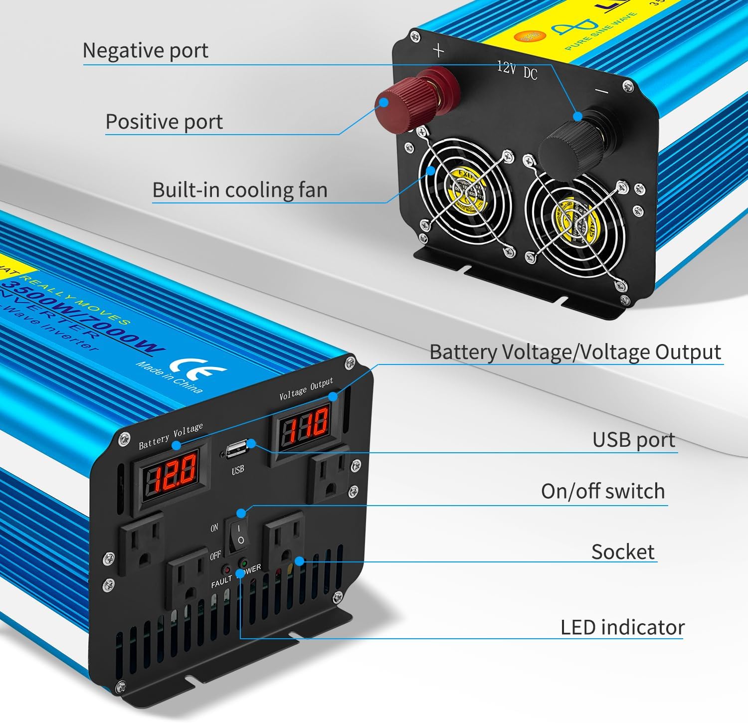 Yinleader 3500 Watt Pure Sine Wave Power Inverter 12V DC to 110V/120V AC Converter for Family RV Camping Boat Emergency/4 AC Outlets and LCD Display, Remote Controller