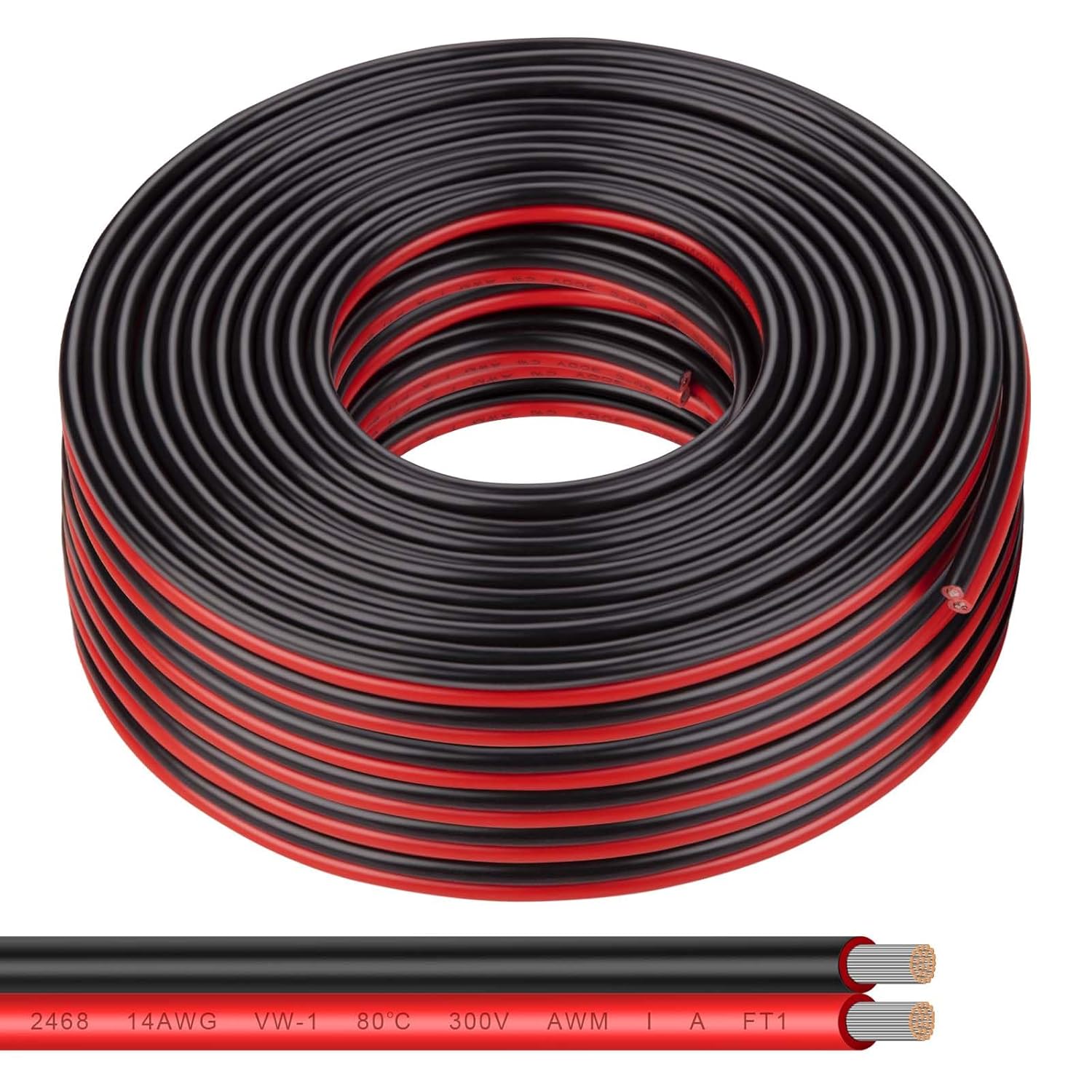 14 Gauge Wire 100FT Tinned Copper Wire-2 Conductor Parallel Wire Insulated Stranded Wire for Solar Panel Car Audio Automotive Low Voltage Electrical Wire for LED Lighting (14AWG 100FT)