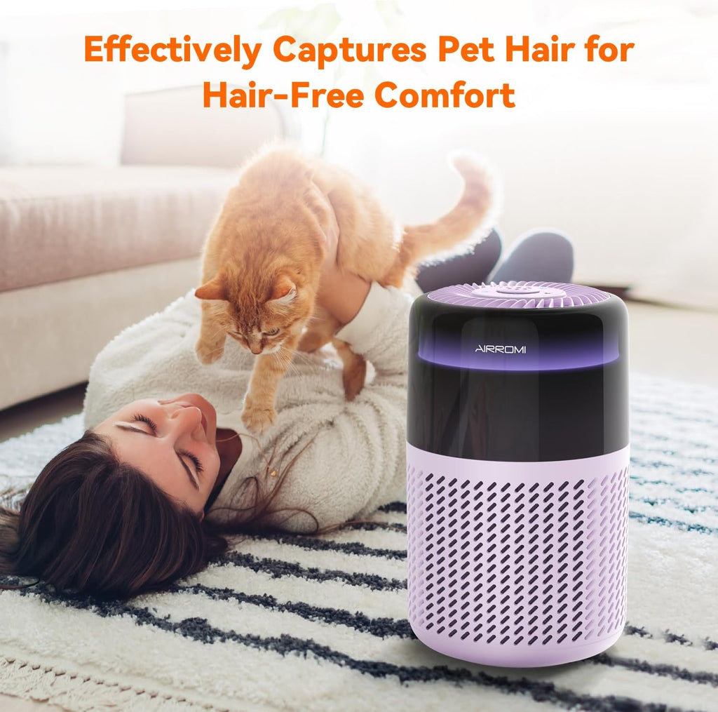 AIRROMI Air Purifier for Bedroom Home,HEPA Filter,Covers Upto 549 Ft²,Quiet 360°intake Air Cleaner with Fragrance ponge for Better Sleep,Night Light,Filters Smoke,Pet Dander,Allergies,Dust,A2005Purple