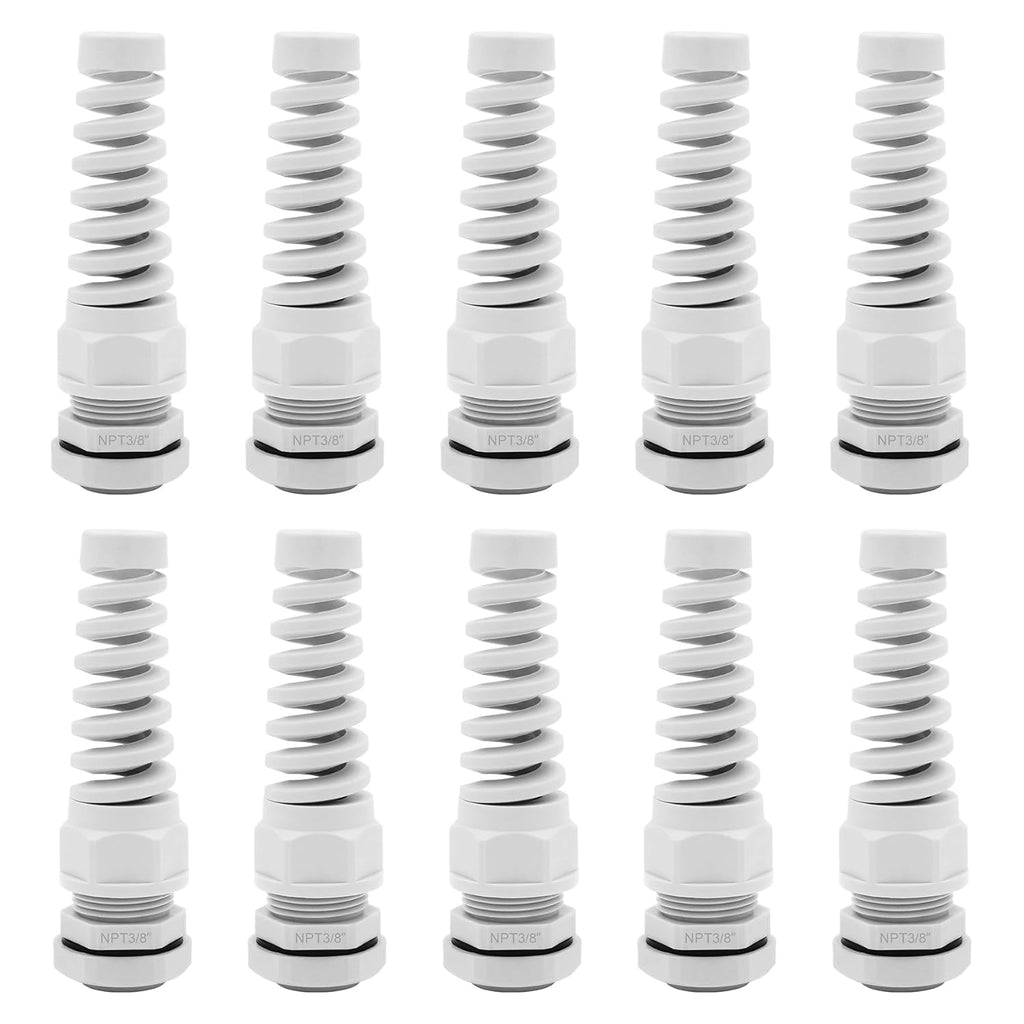 Strain Relief Cord Connector,LISTENJIALE 10Pcs NPT 3/8" Waterproof Cable Gland Flex Spiral Strain Relief Adjustable 5-10mm Cable Connector Nylon Joint with Gaskets(Grey)