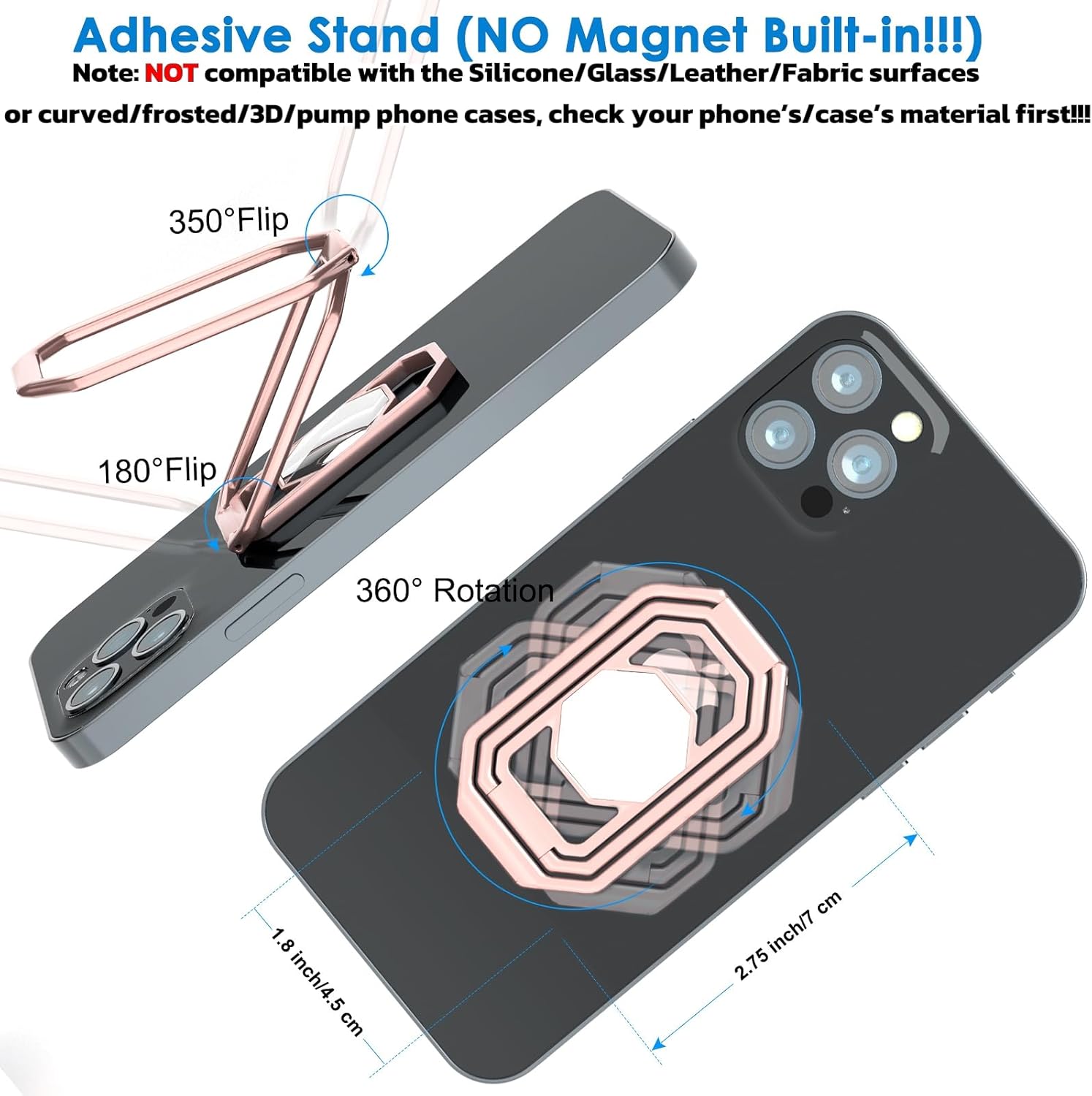 Phone Ring Holder Finger Kickstand, 360° Rotation Metal Phone Grip for Magnetic Car Mount Foldable Cell Phone Stand Compatible with Most Smartphones