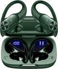 PocBuds Bluetooth Headphones Wireless Earbuds 80hrs Playtime Wireless Charging Case Digital Display Sports Ear Buds with Earhook Deep Bass IPX7 Waterproof Over-Ear Earphones for TV Phone Laptop Olive