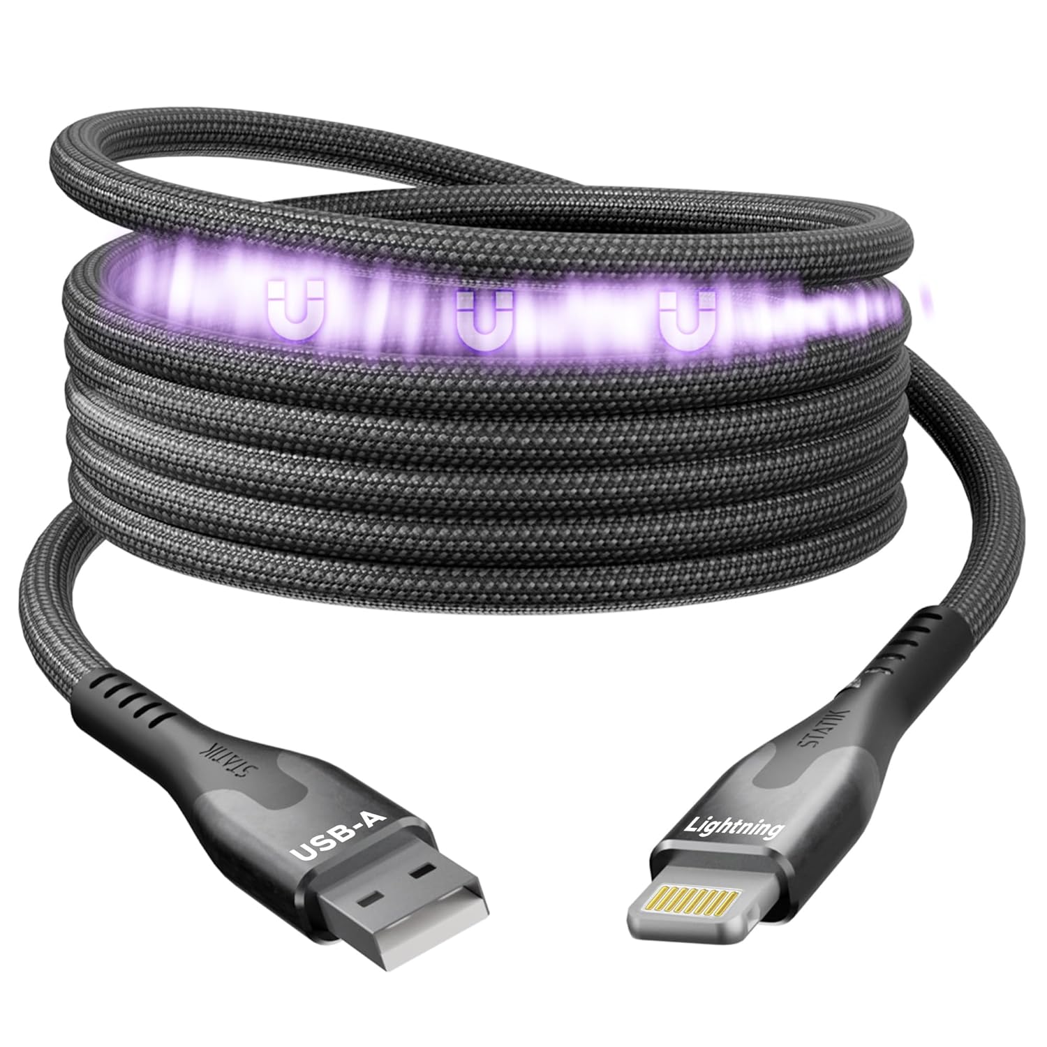Statik MagStack USB A to Lightning Cable MFi Certified, Clutter-Free Magnetic Charging Cable, Anti-Tangle Phone Charger Cord, 12W, Compatible with iPhone 14 Pro Max, 13 12 11, 6FT/2M