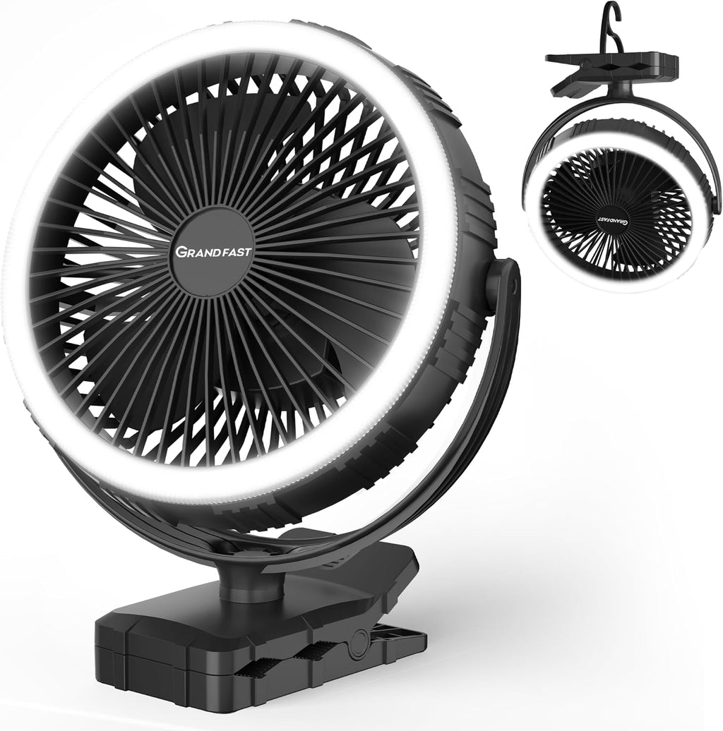 Camping Rechargeable Fan, Battery Operated with Timer, Powerful Airflow Portable Fan, Strong Clip with Light & Hook for Tent Outdoor Travel BBQ Hurricane Power Outage