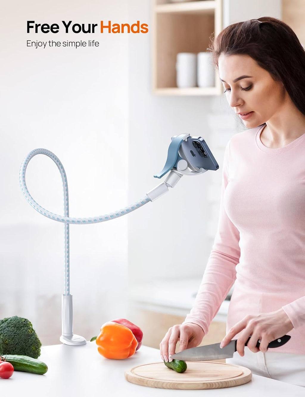Gooseneck Phone Holder for Bed - [Upgrade Nylon Braid] 38” Flexible Lazy Arm Clip, 360 Adjustable Overhead Phone Mount for iPhone 16 15 14 13 12 11 Pro Max Mini Plus, 4-7" Cellphone - White