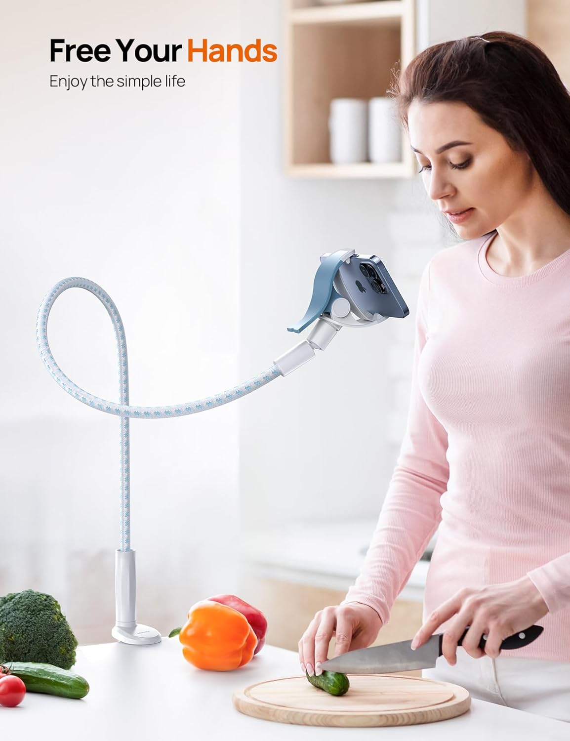 Gooseneck Phone Holder for Bed - [Upgrade Nylon Braid] 38” Flexible Lazy Arm Clip, 360 Adjustable Overhead Phone Mount for iPhone 16 15 14 13 12 11 Pro Max Mini Plus, 4-7" Cellphone - White