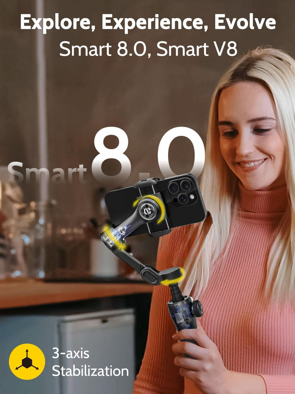 3-axis Gimbal Stabilizer w/Built-in 7.8' Extension Rod, Vlogging Phone Gimbal w/AI Tracking, Portable Smartphone Holder for iPhone w/Full-Screen OLED Display, Trigger Button Smart V8(Black)