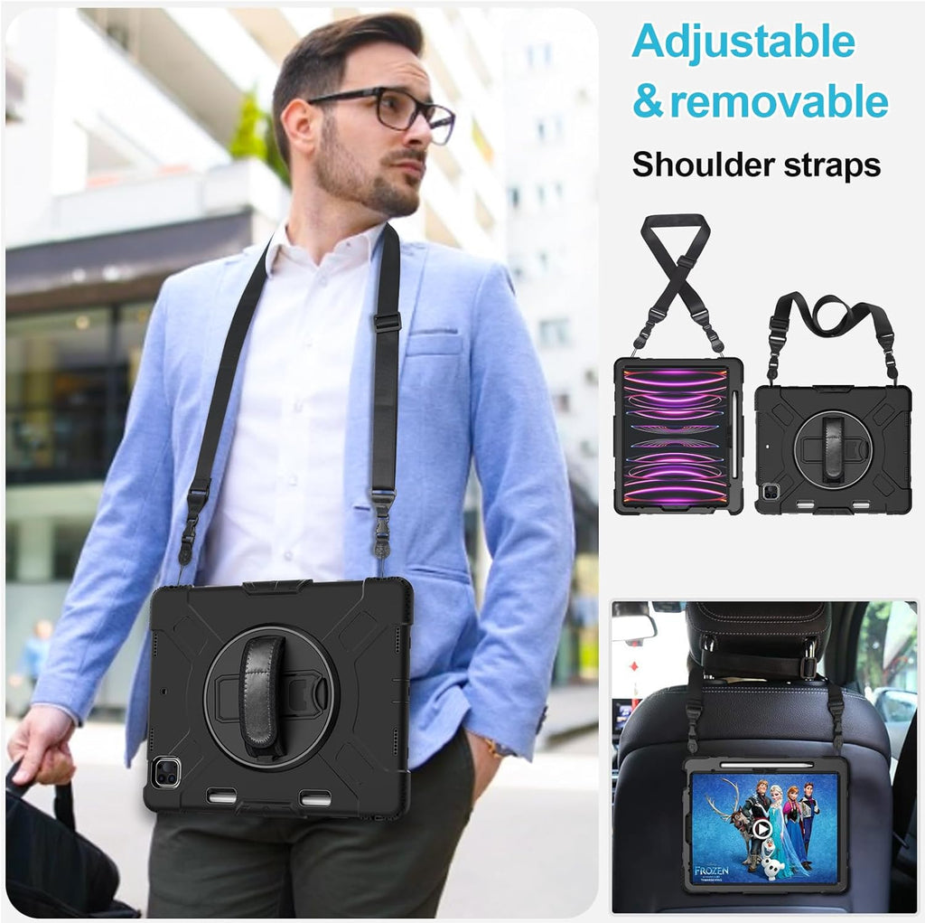 Case for iPad Pro 12.9 2022/2021/ 2020/2018: Cover for iPad Pro 12.9 6th/ 5th/ 4th/ 3rd Generation with Screen Protector- Stand- Pencil Holder- Handle- Shoulder Strap Black
