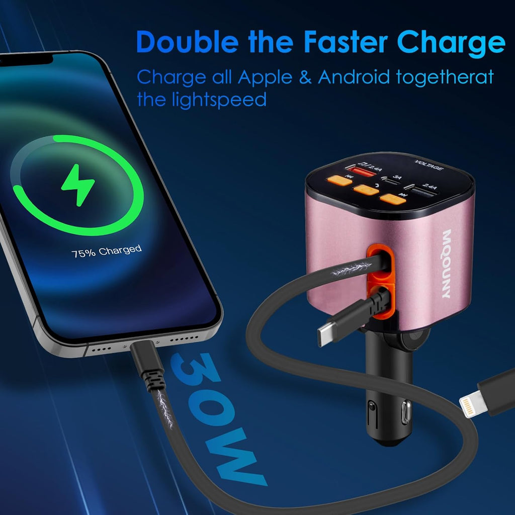 Retractable Car Charger,5 in 1 Fast Car Phone Charger 90W,Bluetooth 5.3 FM Transmitter Adapter,Handsfree Call,2 Retractable Cables and USB Cars Chargers for iPhone 15/14/13 (Pink)