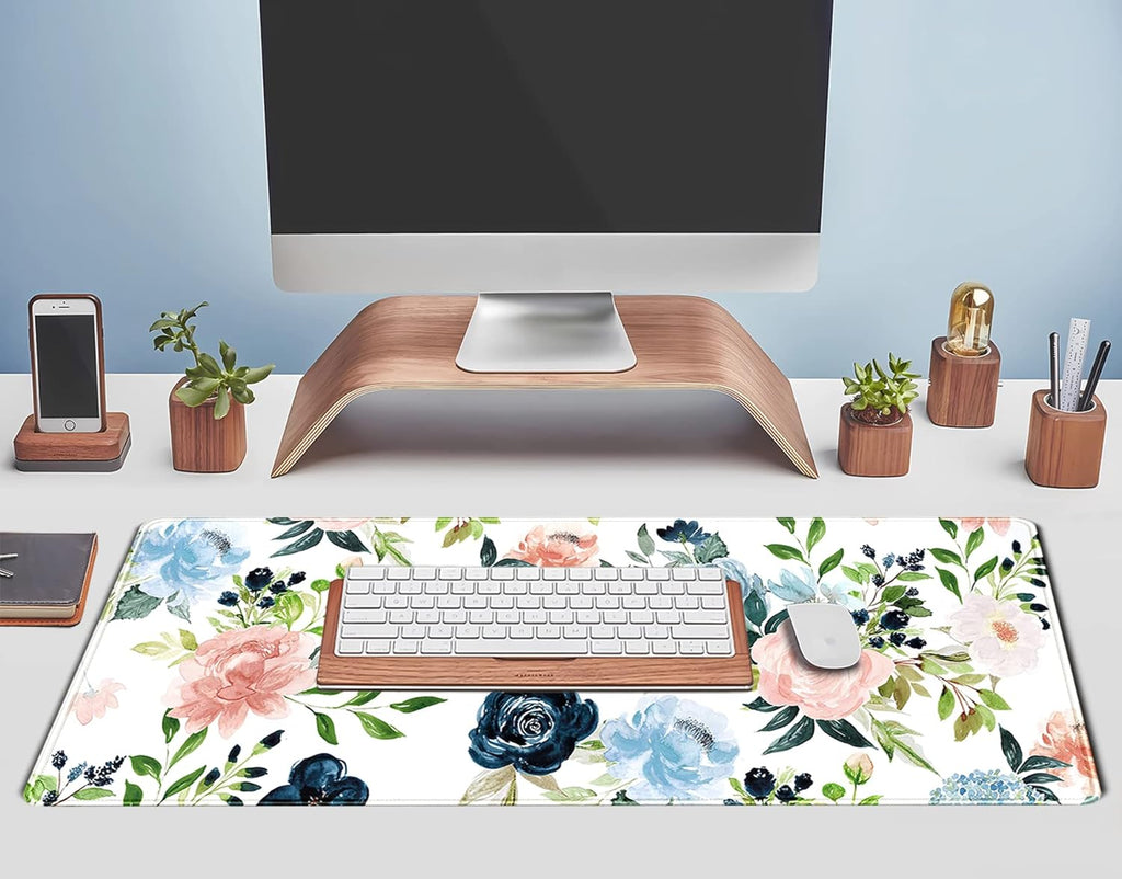 Gaming Green Desk Mat Desk Mouse Pads Purple Blue Pink Floral Mouse Pad Large, XL Big Computer Keyboard Mouse Mat Desk Pad Mat with Stitched Edge for Women Home Office Decor Deskmat 31.5x11.8 in