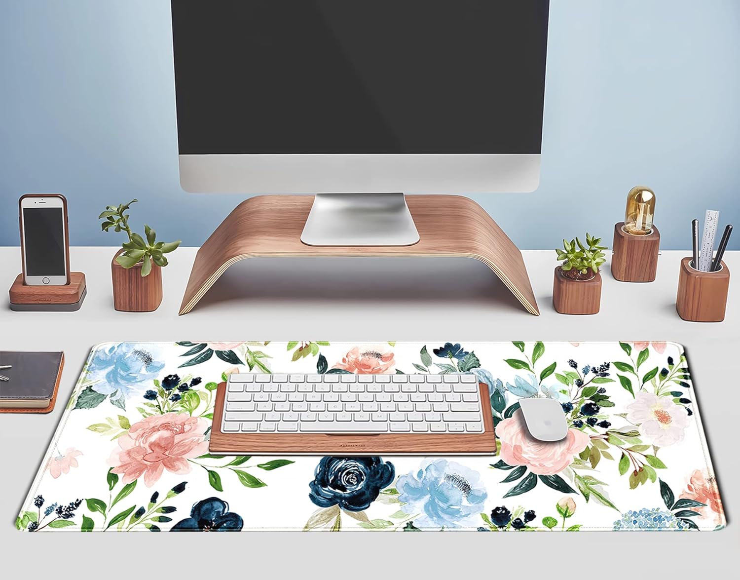 Gaming Green Desk Mat Desk Mouse Pads Purple Blue Pink Floral Mouse Pad Large, XL Big Computer Keyboard Mouse Mat Desk Pad Mat with Stitched Edge for Women Home Office Decor Deskmat 31.5x11.8 in