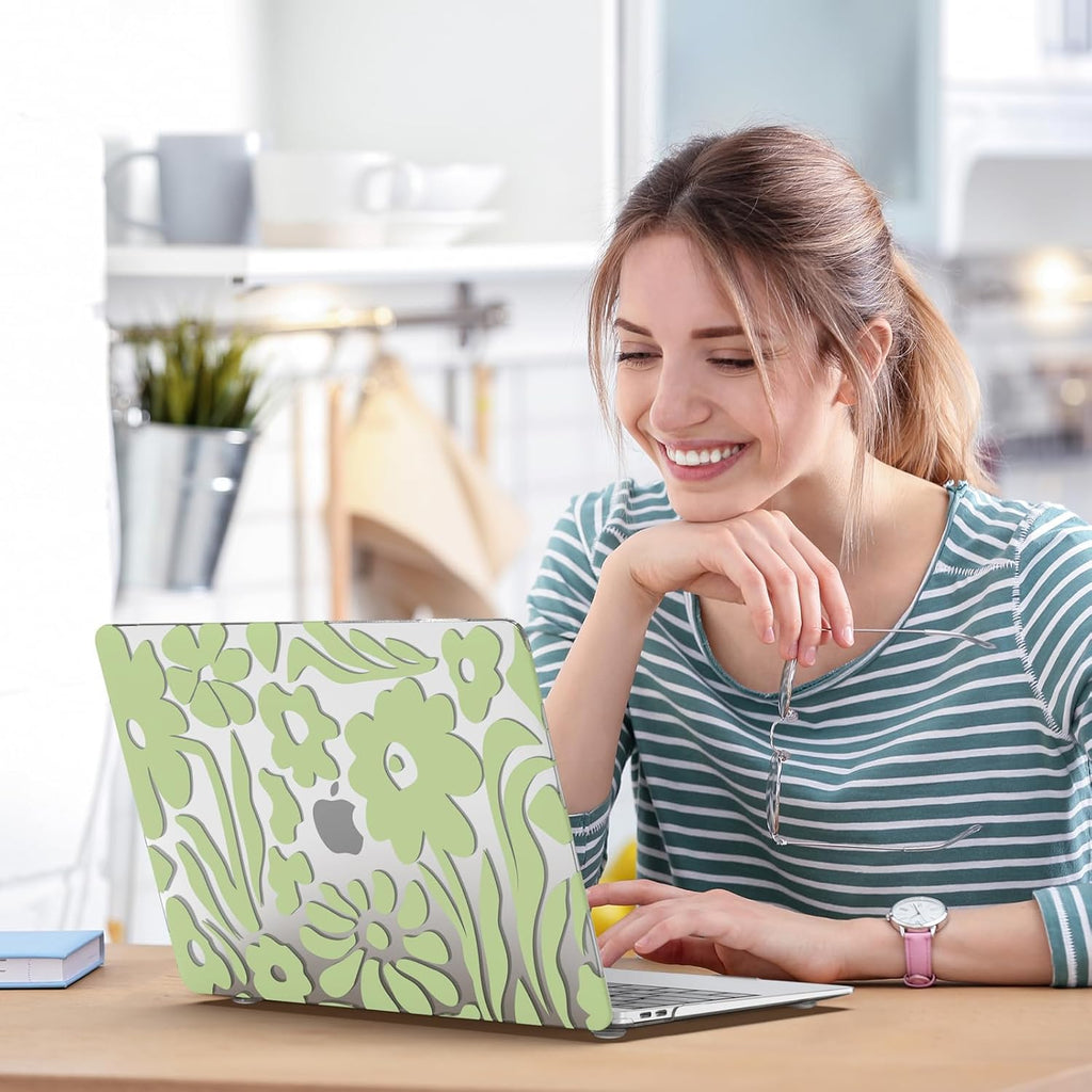 iCasso Compatible with MacBook Air 13 inch Case 2020-2018 Release M1 A2337 A2179 A1932, Green Flower Protective Hard Shell Case +Keyboard Cover + Screen Protector（Flower）