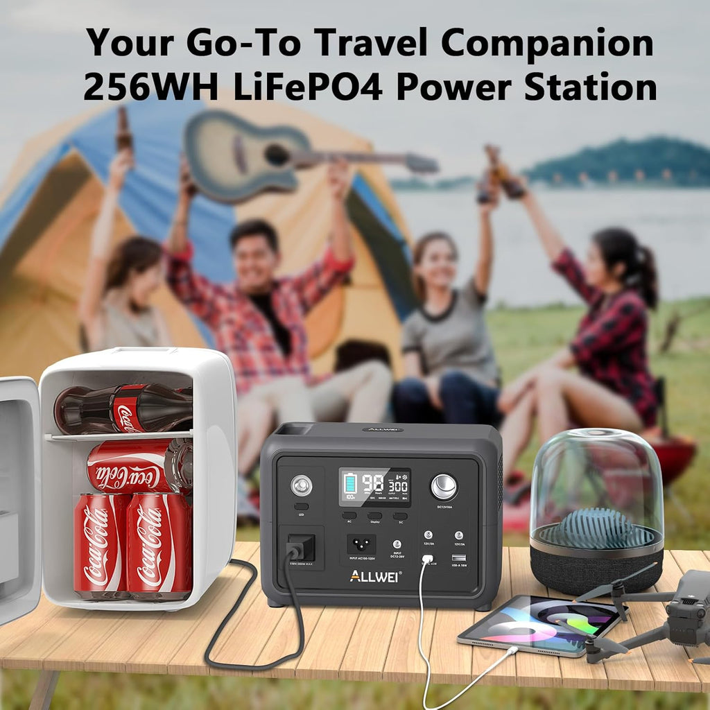 ALLWEI 300W/256Wh LiFePO4 Solar Generator with 100W Solar Panel Included, Portable Power Station with AC Outlet USB Port, Solar Powered Battery Generator for Outdoor Camping, Home Backup, Power Outage