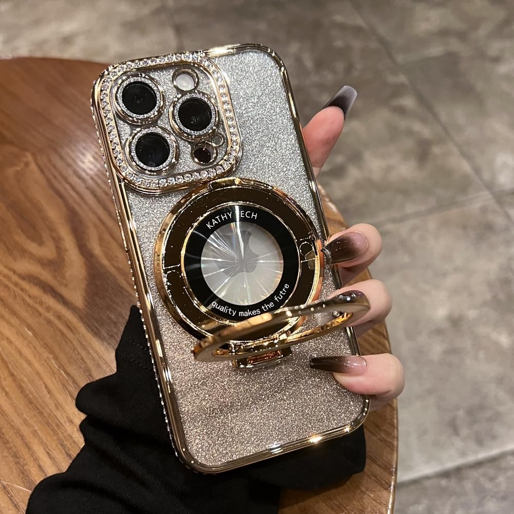 Magnetic Kickstand (Glitter Lens Protector ) Case for iPhone 15 14 13 12 Pro Max (Compatible with Magsafe ) Sparkling Diamond Cover Glitter Shiny Rhinestone Cases (Gold,for iPhone 14 Plus)