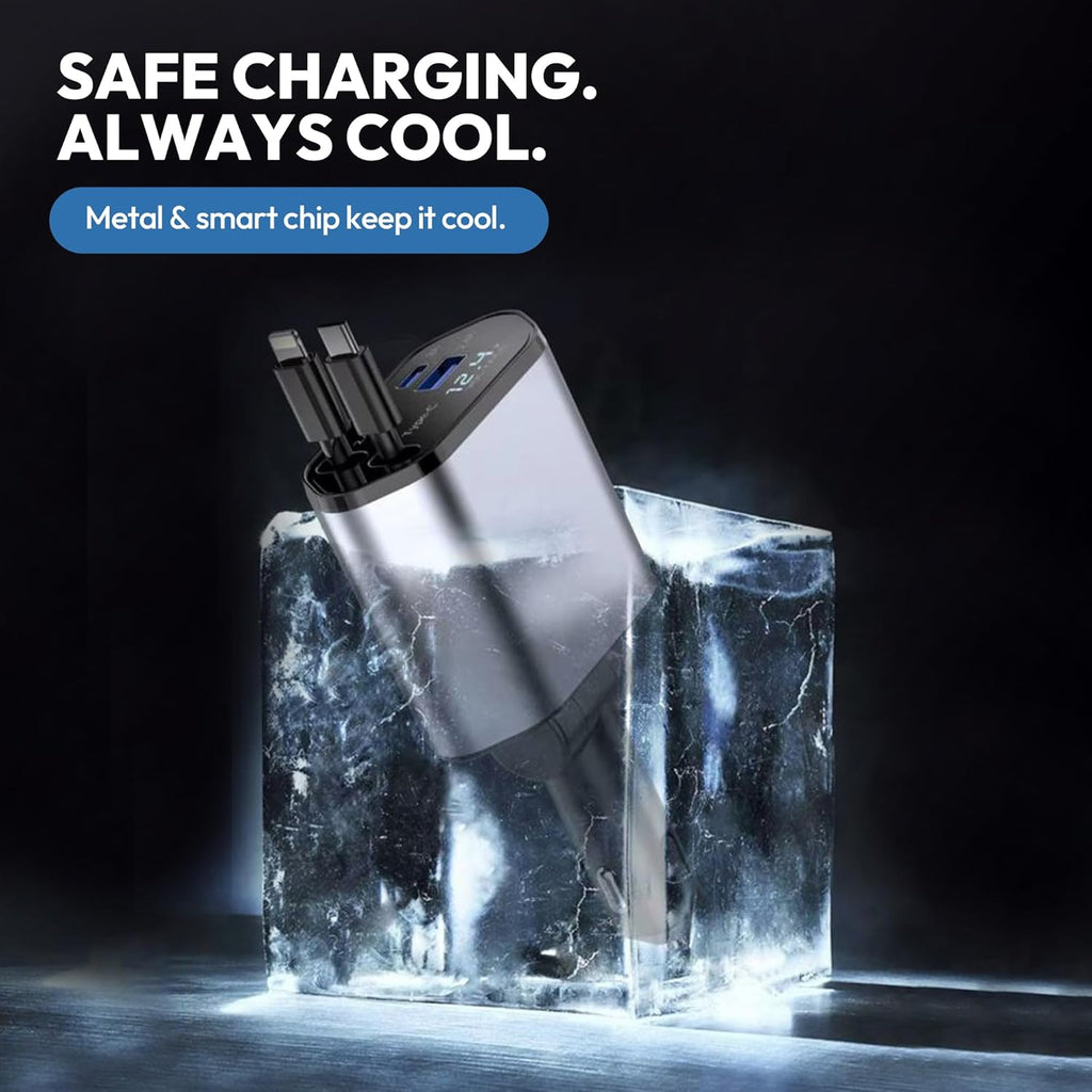 120W Retractable Car Charger 4-in-1 USB-C & Lightning Cable – Fast Charging Adapter for iPhone 16/15/14, Samsung, Android | USB Type-C Port + LED Voltage Display | Multi-Device Car Charger