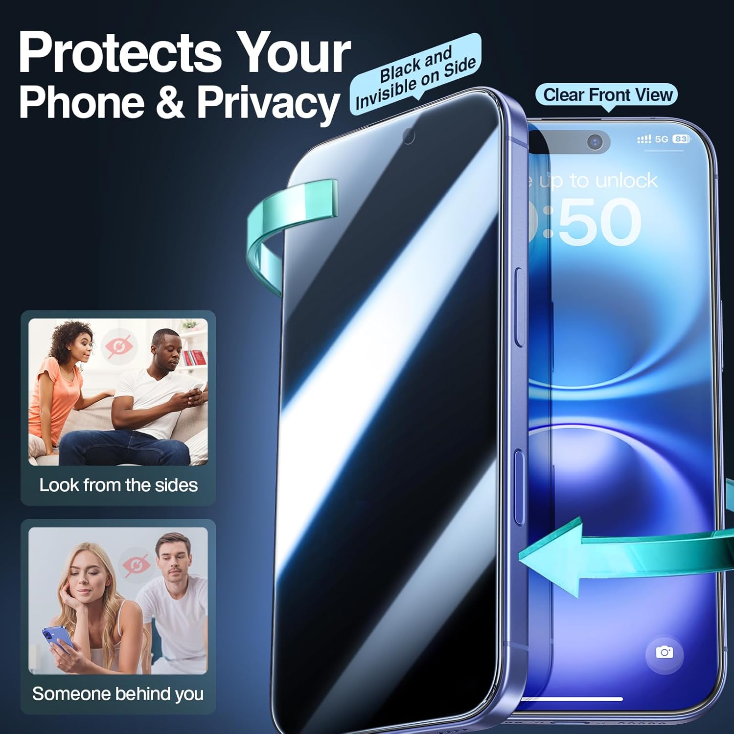 SMARTDEVIL 2PACK Privacy Screen Protector for iPhone 16 Shatterproof Tempered Glass [True 28°Anti Spy] [9H Hardness] [Auto Dust-Elimination Install] [Bubble Free]
