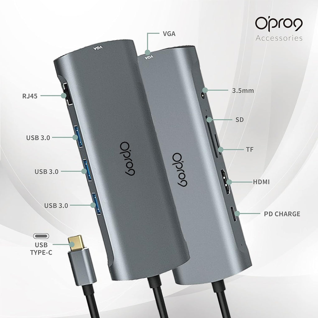 Opro9 10-in-1 USB C Hub Multiport Adapter, Laptop Docking Station Dual 4K HDMI / 1080P VGA, USB 3.0, PD 100W, Gigabit Ethernet, SD/TF Card Reader, 3.5mm Audio Jack, for Windows & MacBook PC, Laptops