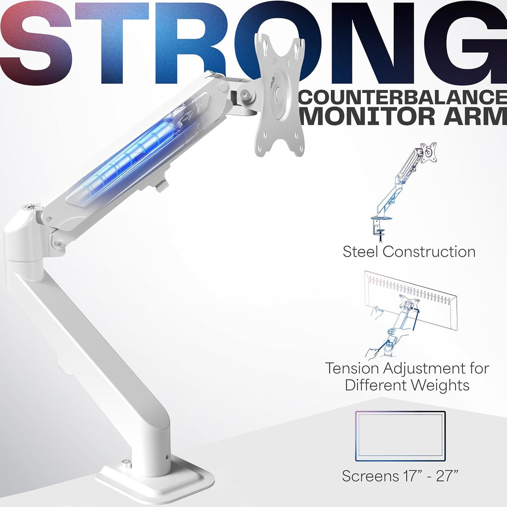 VIVO Articulating Single 17 to 27 inch Pneumatic Spring Arm Clamp-on Desk Mount Stand | Fits 1 Monitor Screen with Max VESA 100x100, White (STAND-V101OW)