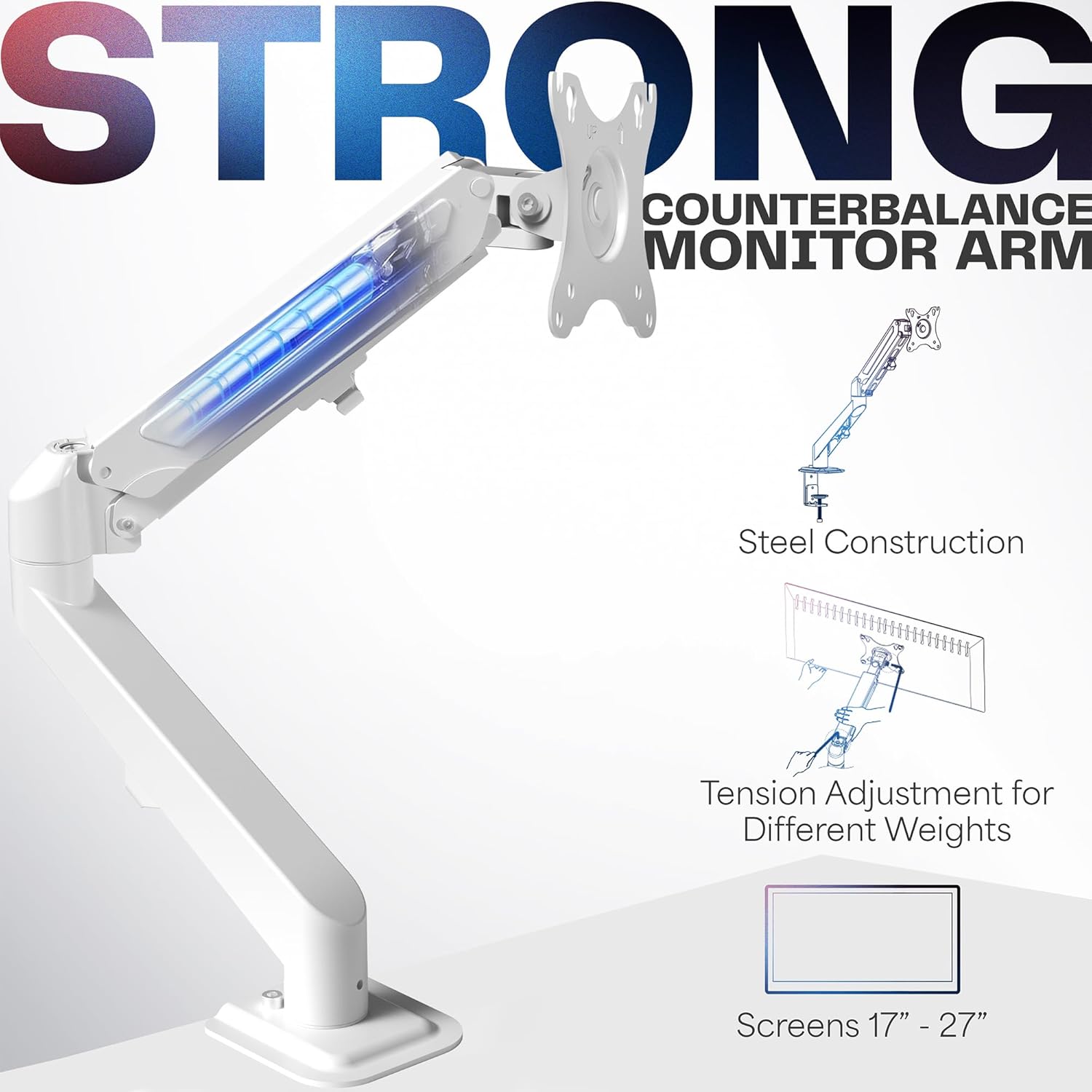 VIVO Articulating Single 17 to 27 inch Pneumatic Spring Arm Clamp-on Desk Mount Stand | Fits 1 Monitor Screen with Max VESA 100x100, White (STAND-V101OW)