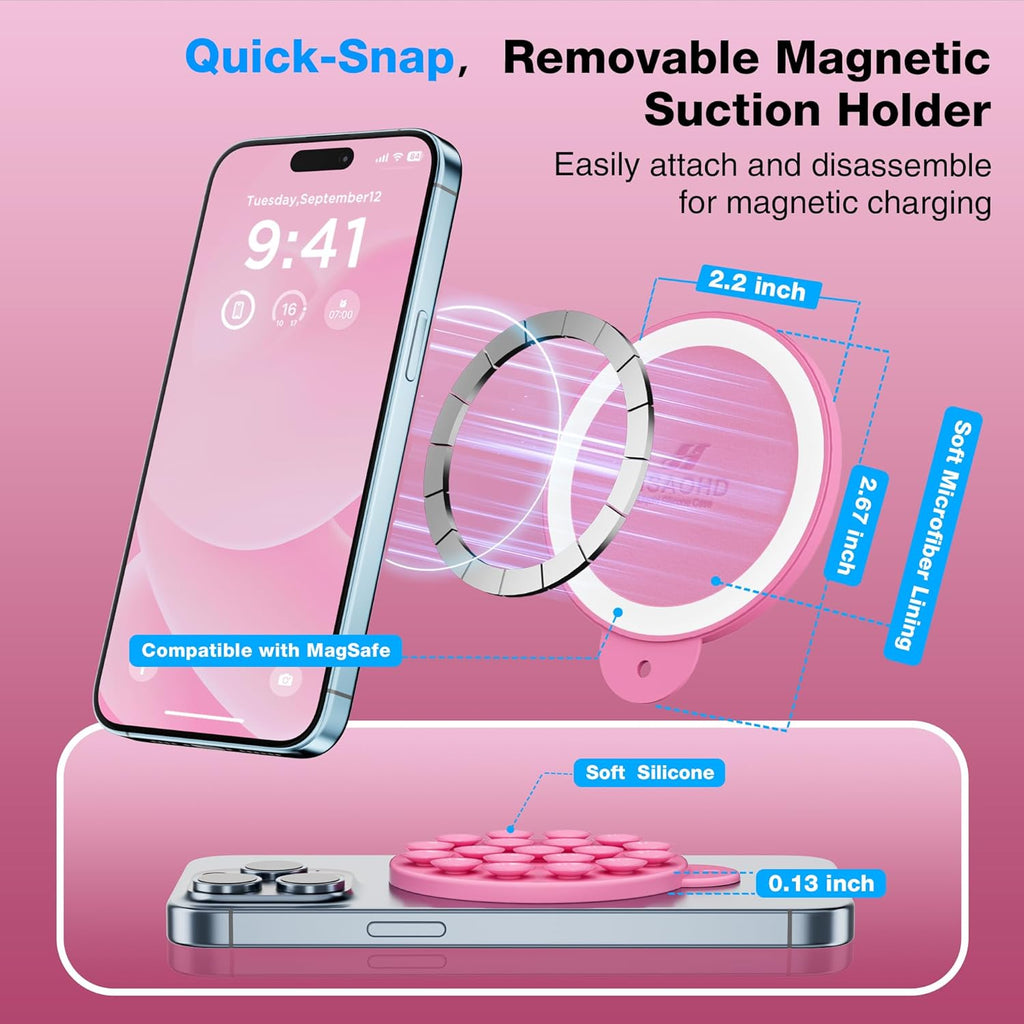 Magnetic Suction Cup Phone Mount for MagSafe Case, Silicone Hands-Free Phone Grip Holder for iPhone and Android, Mirror Shower Phone Stand for Makeup FaceTime Gym Kitchen Bathroom, Tender Pink