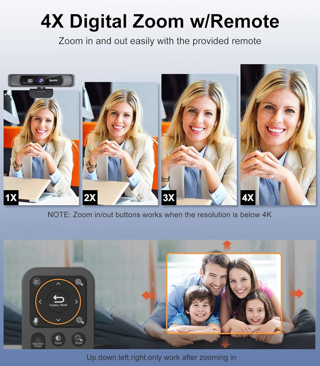 Spedal 4K UHD Webcam with Built-in AI Noise Reduction Dual Microphones,120° Wide Angle Zoomable Webcam with Remote and Software Control for Conferencing/Streaming/Online Teaching/Video Calling