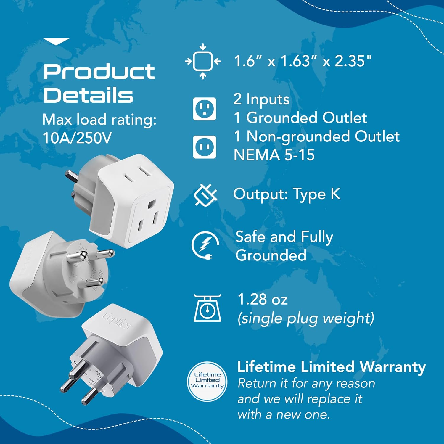 Ceptics Denmark Travel Adapter Plug with Dual Usa Input - Power - Type K (3 Pack) - Ultra Compact - Safe Grounded Perfect for Cell Phones, Laptops, Camera Chargers and More (CT-20)