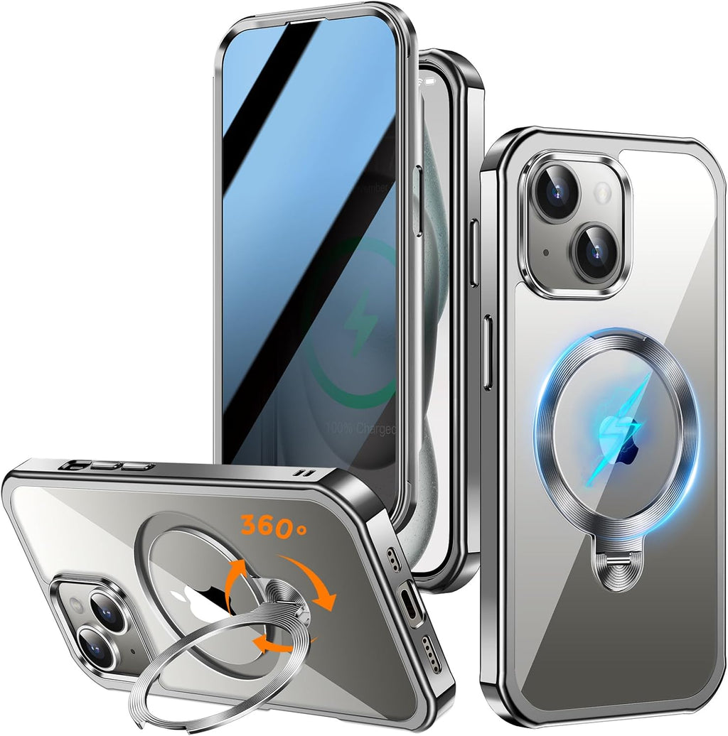 [360° Rotatable CD Stand & Built-in Privacy Screen Magnetic Case for iPhone 15 [Compatible with MagSafe & Full Signal] Mil-Grade Shockproof Full Body Anti-Spy Cover for 15-Gray