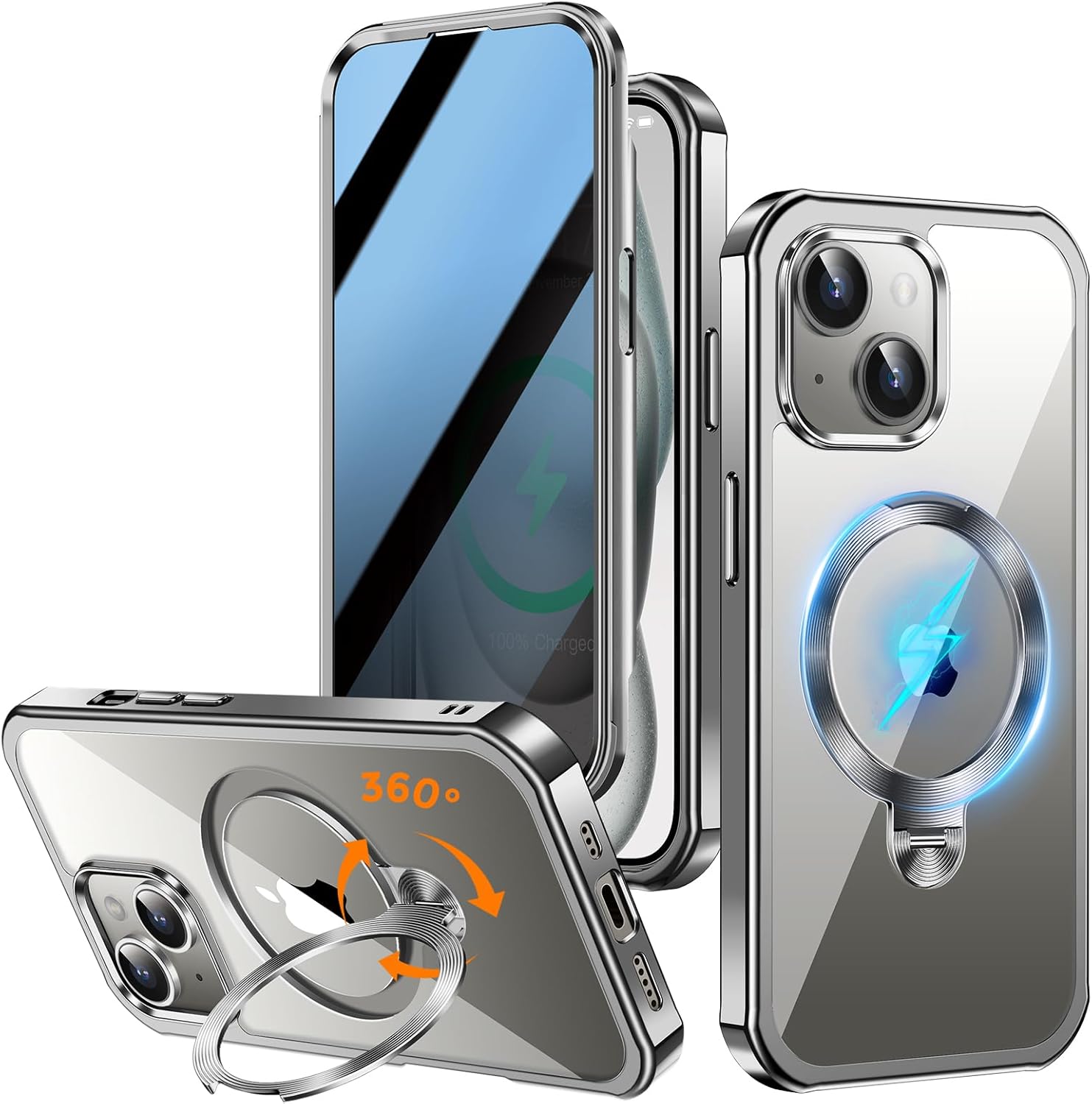 [360° Rotatable CD Stand & Built-in Privacy Screen Magnetic Case for iPhone 15 [Compatible with MagSafe & Full Signal] Mil-Grade Shockproof Full Body Anti-Spy Cover for 15-Gray
