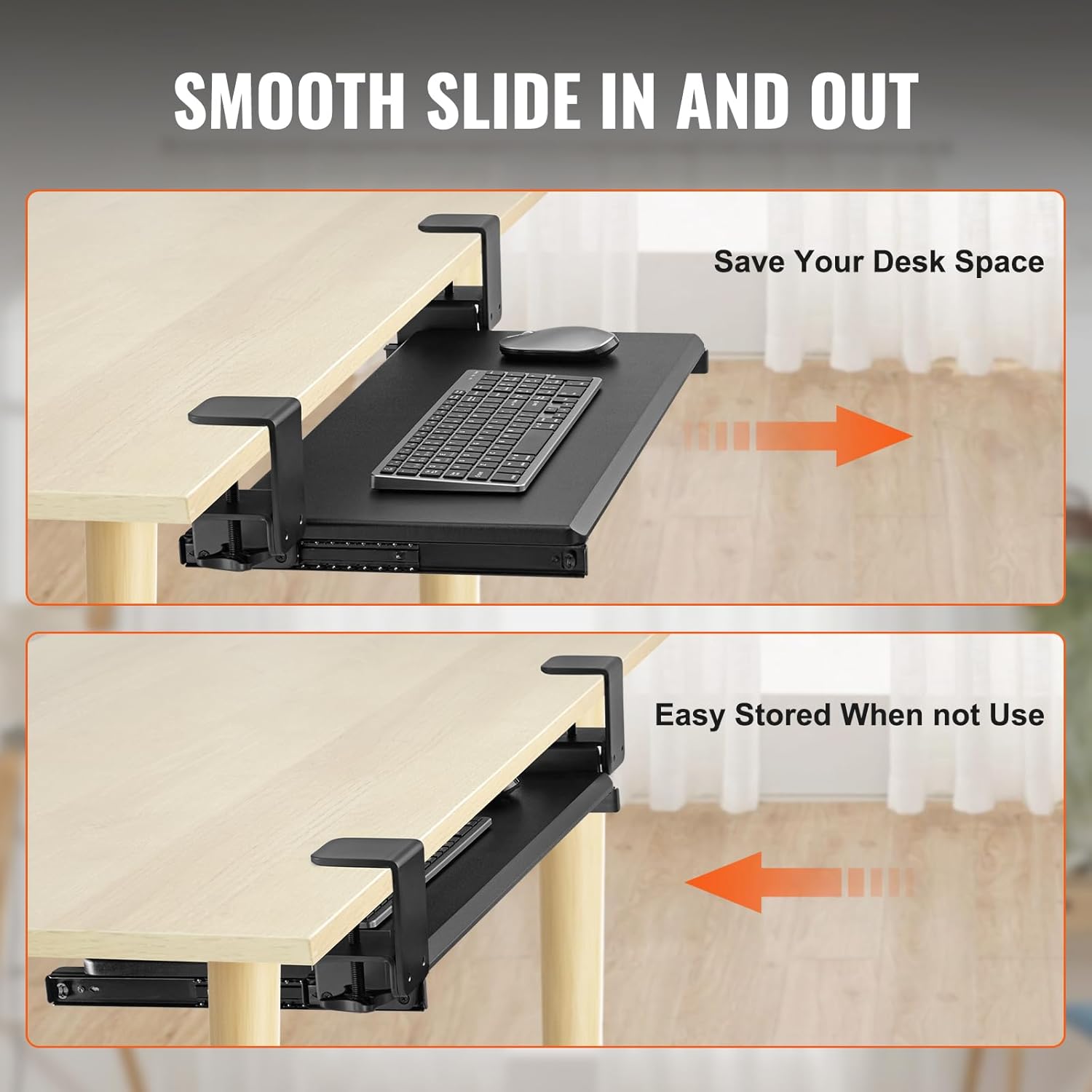VEVOR Clamp on Keyboard Tray Under Desk, Desk Keyboard Tray Slide Out with Sturdy No-Drill C Clamp Mount, Large 26.8 x 11 inch Slide-Out Computer Drawer for Typing in Home, Office Work