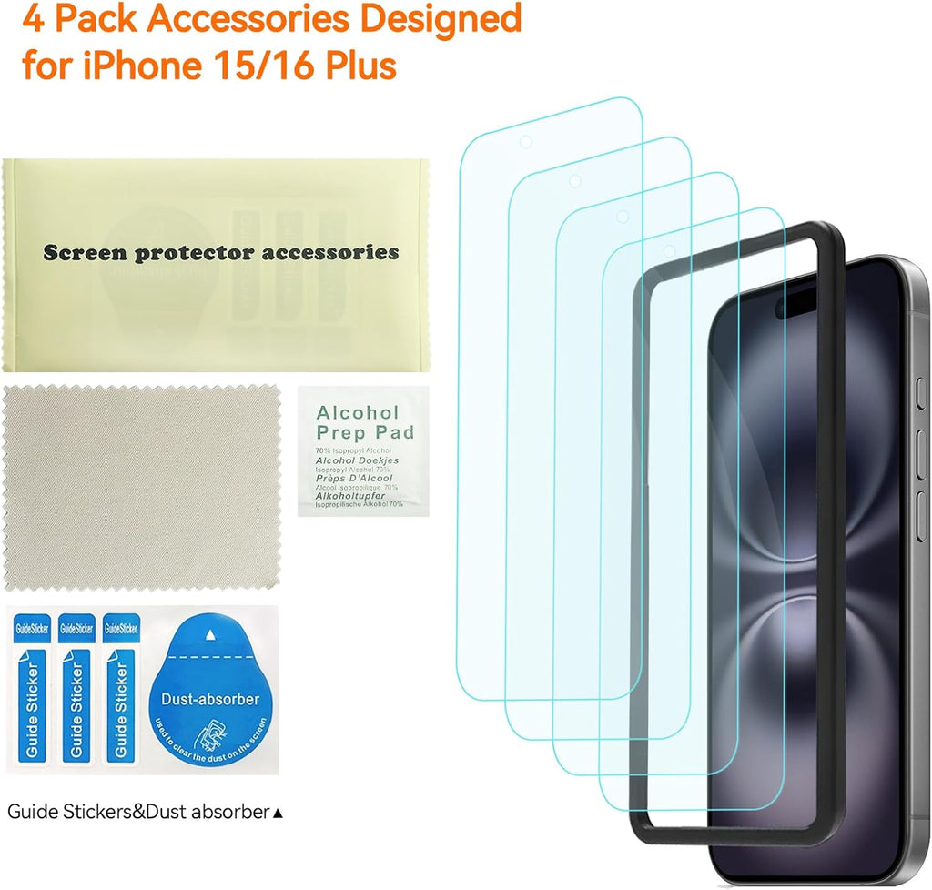 4 Pack Anti Blue Light Screen Protector for iPhone 16 plus /15 plus [6.7inch] with Installation Frame,9H+ Anti Blue Light Tempered Glass, Anti-Scratch, Case Friendly
