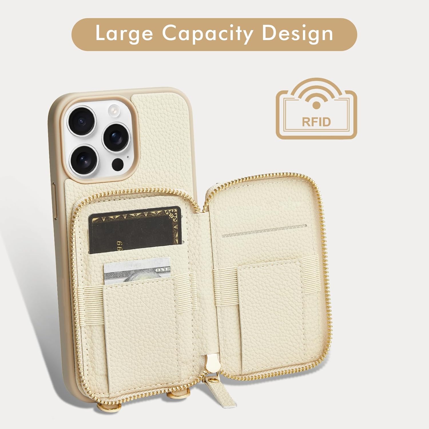 LAMEEKU for iPhone 15 Pro Wallet Case with Credit Card Holder, Zipper Leather Crossbody Case with Phone Grip Holder Stand Wrist Strap Lanyard for Women for Apple iPhone 15 Pro 6.1 inch Beige