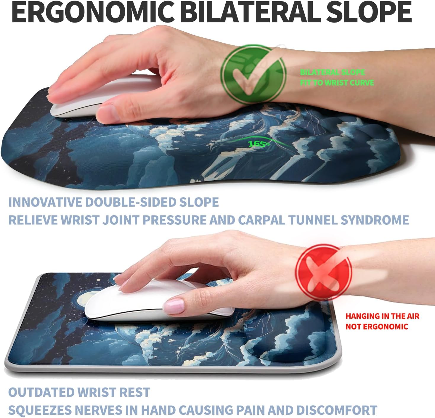 Ergonomic Raised Mouse Pad Wrist Support with Bilateral Slope Memory Foam Mousepad for Wrist Rest and Carpal Tunnel Pain Relief 11.8x7.9〃Indigo Fury Wave